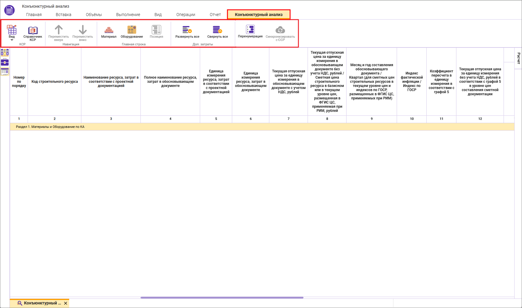 Сметный офис. Динамическая вкладка Конъюнктурный анализ